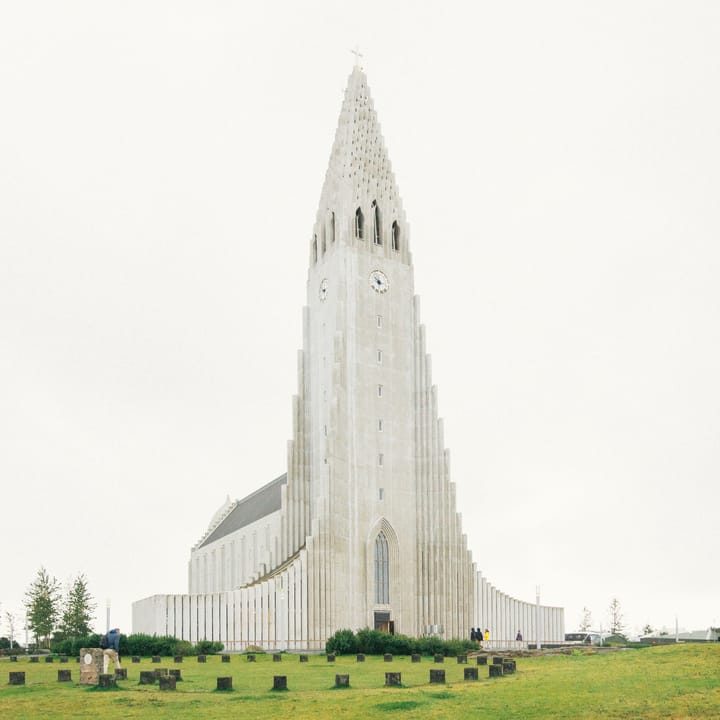 Outside the Hallgrímskirkja church in Reykjavik on an overcast day.
