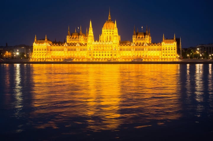 The parliament building in Budapest at night.