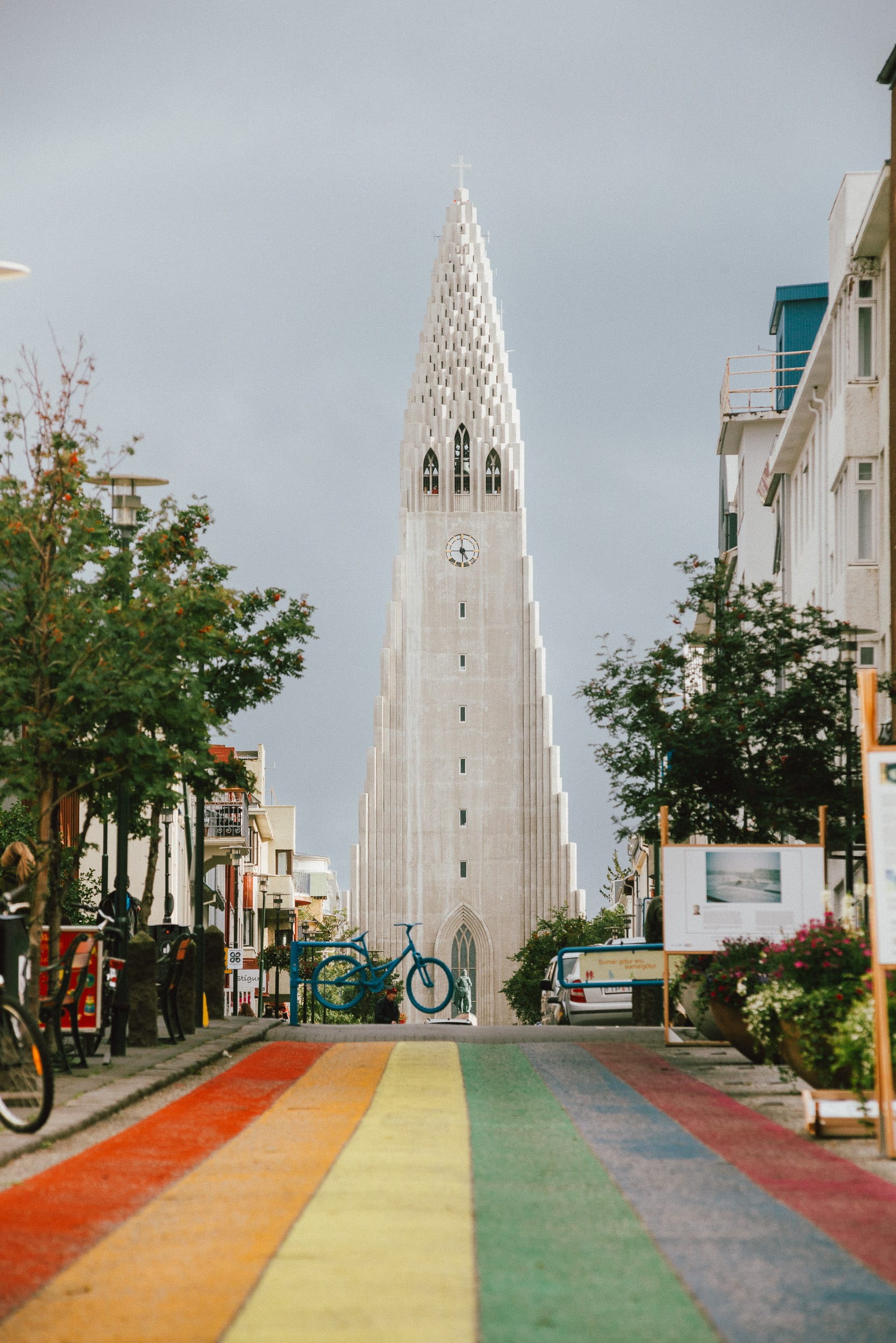 A rainbow road leads up to the main church in Reykjavik.