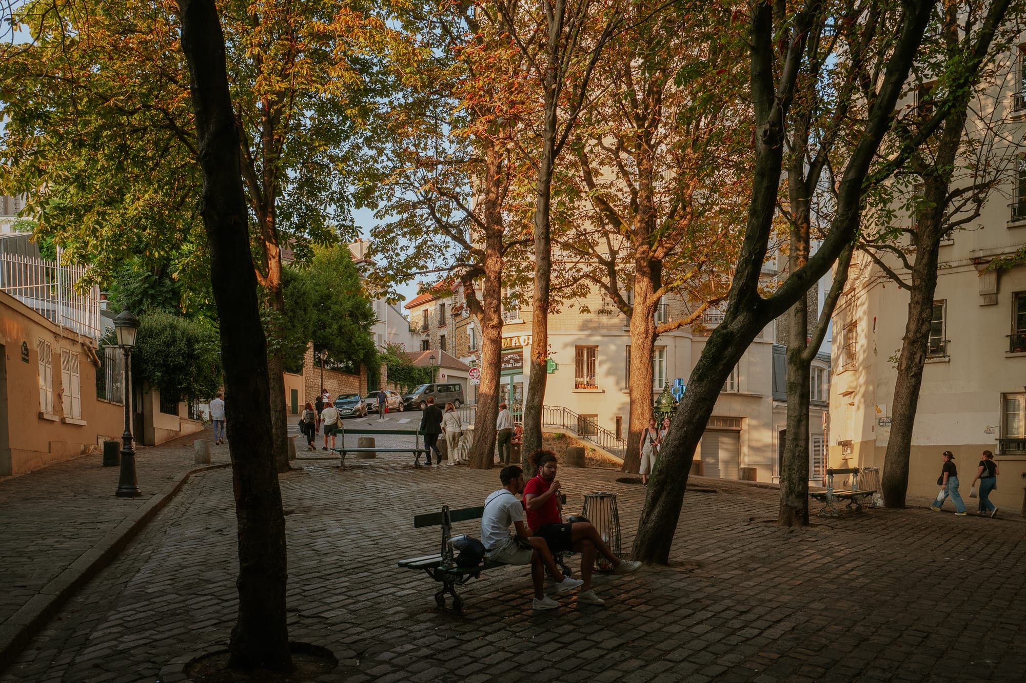 Two men sit on a bench, talking. Around them are trees and Parisian buildings. People walk in the distance.