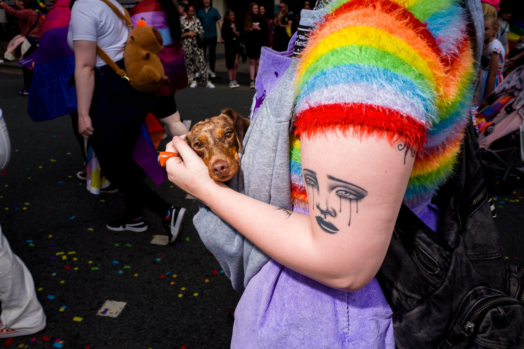 A small dog sits in a body sling as someone walks through the Pride March.