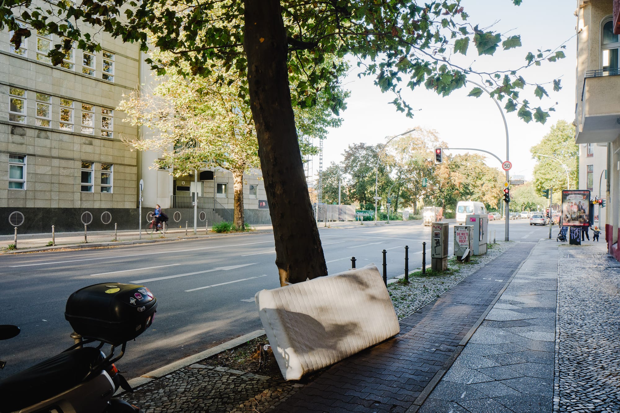 Underneath a big green tree by a road sits a used and discarded mattress.
