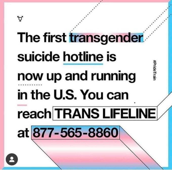 The first transgender suicide hotline is now up and running in the U.S. You can reach TRANS LIFELINE at 877–565–8860