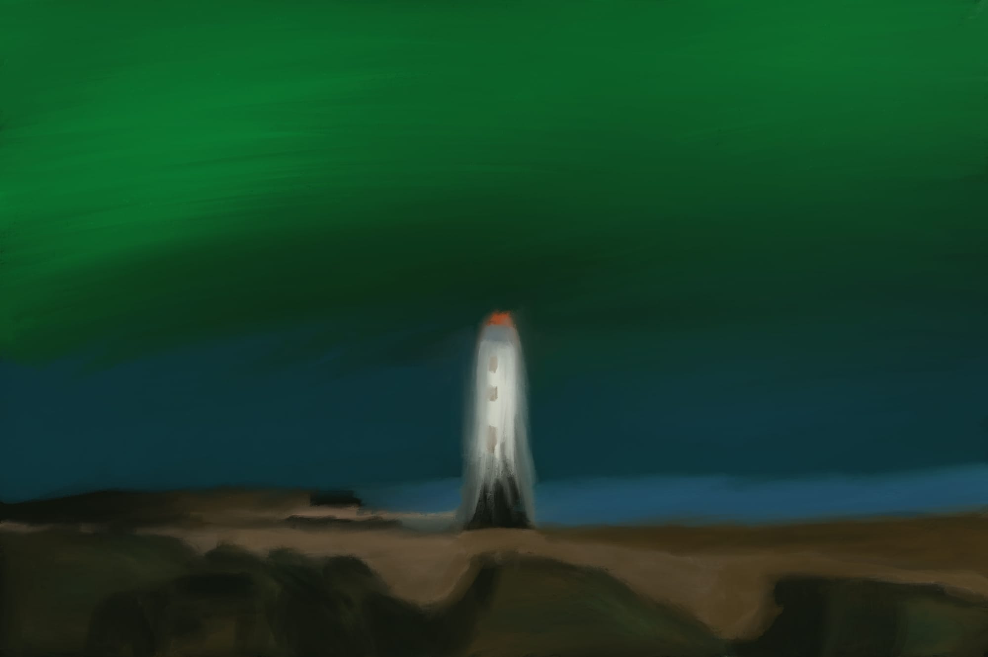 Watercolour painting of a lighthouse under a green aurora sky at night.