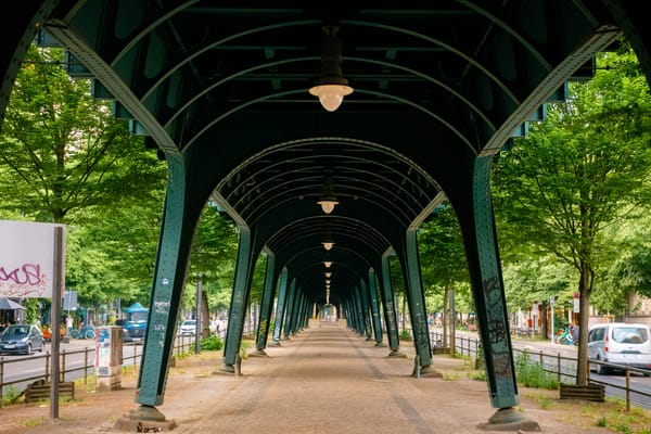 Big green trees line each side of a walkway underneath a train line. The train line is steel with noticeable rivets and arches leading off into the distance.