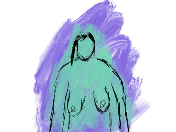 Sketch of female form. They are green on a purple background.