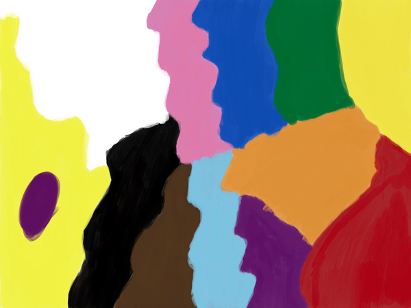 Progress Pride colour rainbow blobs collected together.