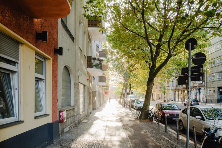 Big green trees line the streets of Berlin. It's sunny and the sunlight is shining on the pavement floor.