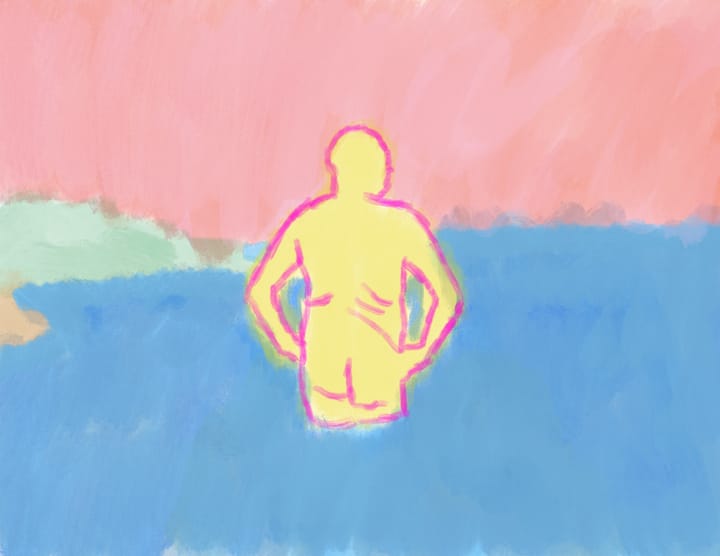 A figure stands in shallow water, with its back facing the viewer. The silhouette is illuminated in a bright yellow color, outlined with pink, creating a glowing effect.