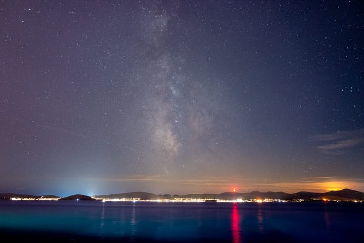 The Milky Way galaxy floats in a sea of stars above a bay with mountains on the horizon.