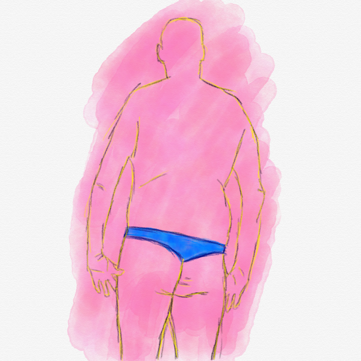 Sketch of a male body wearing nothing but a blue thong.