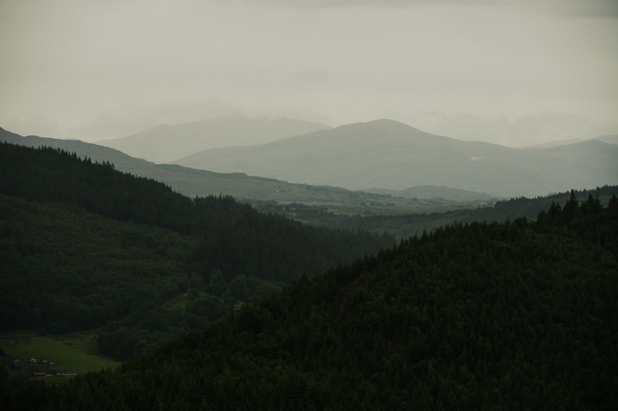 Moody atmospheric view across the hills and valleys of Gwynedd, North Wales.