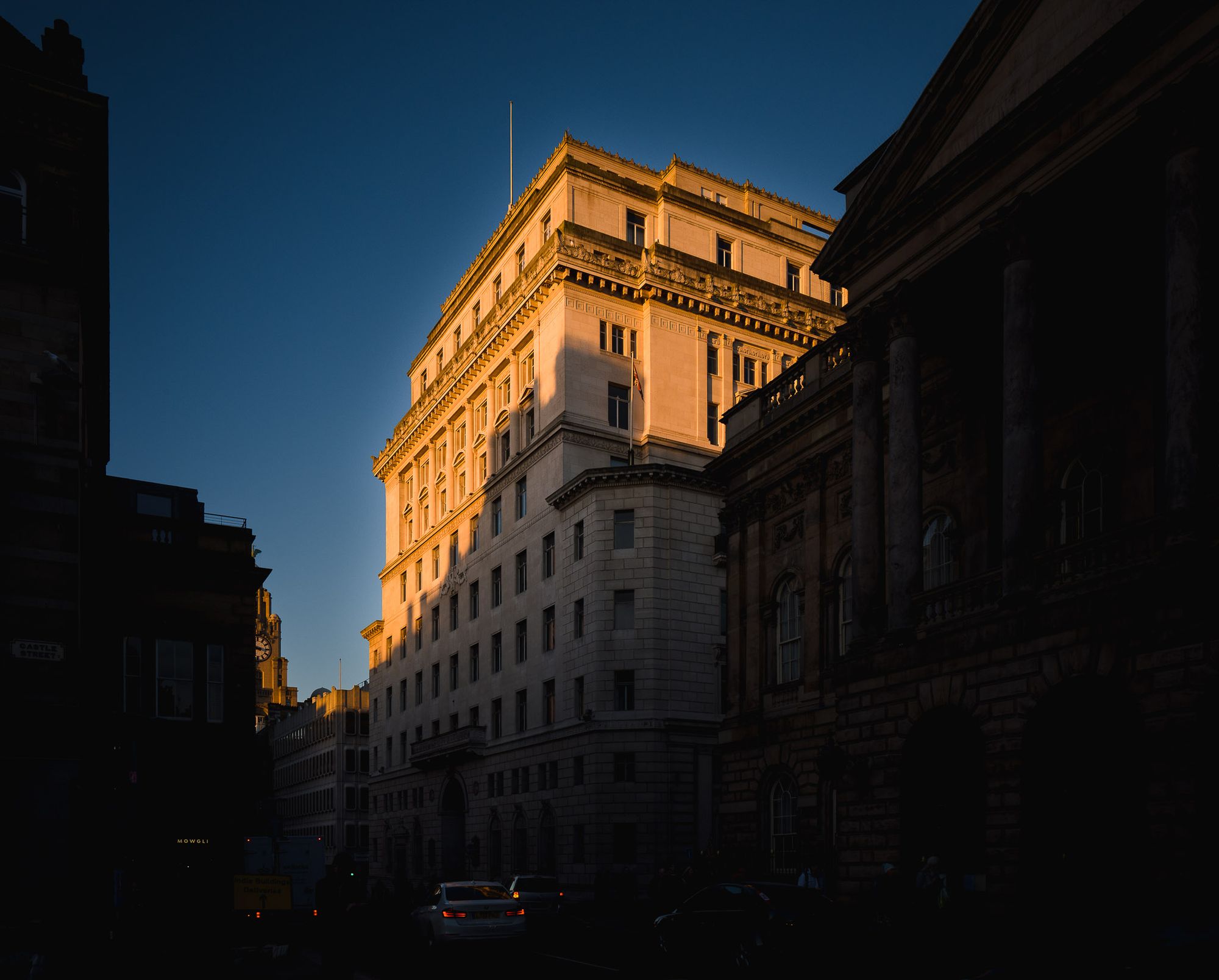 Martin's Bank glowing in the early morning sunshine.