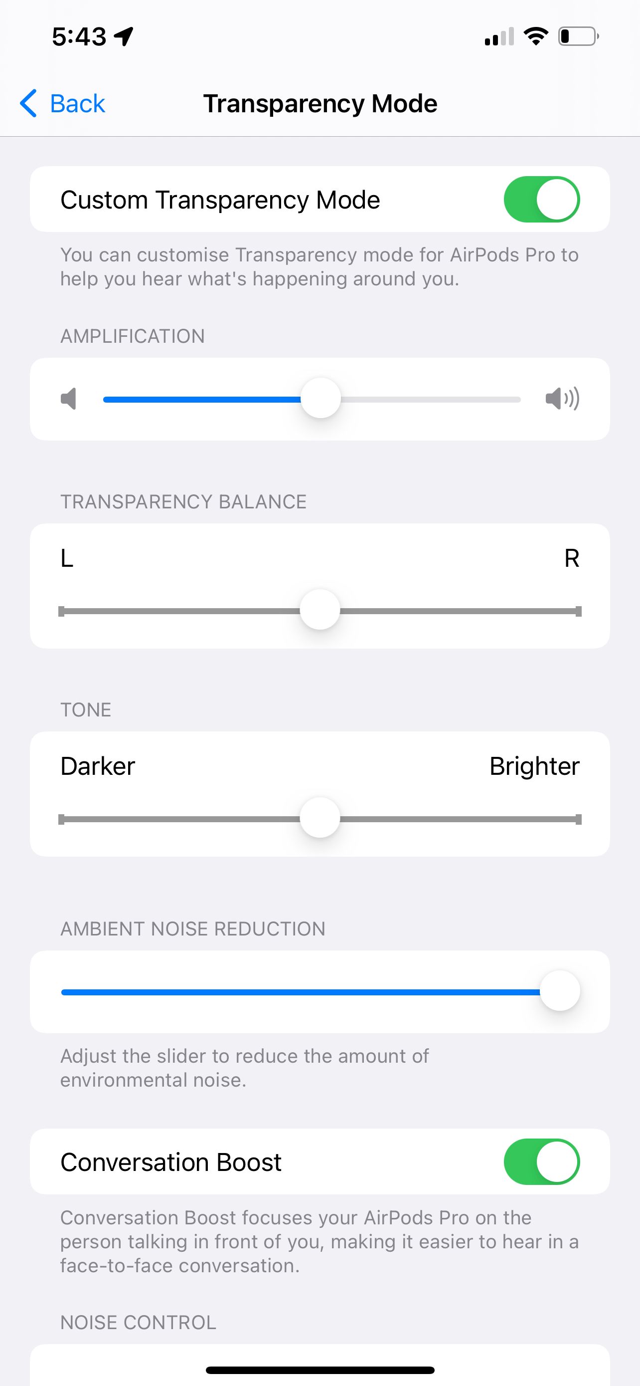 Screenshot of Transparency Mode settings in iOS