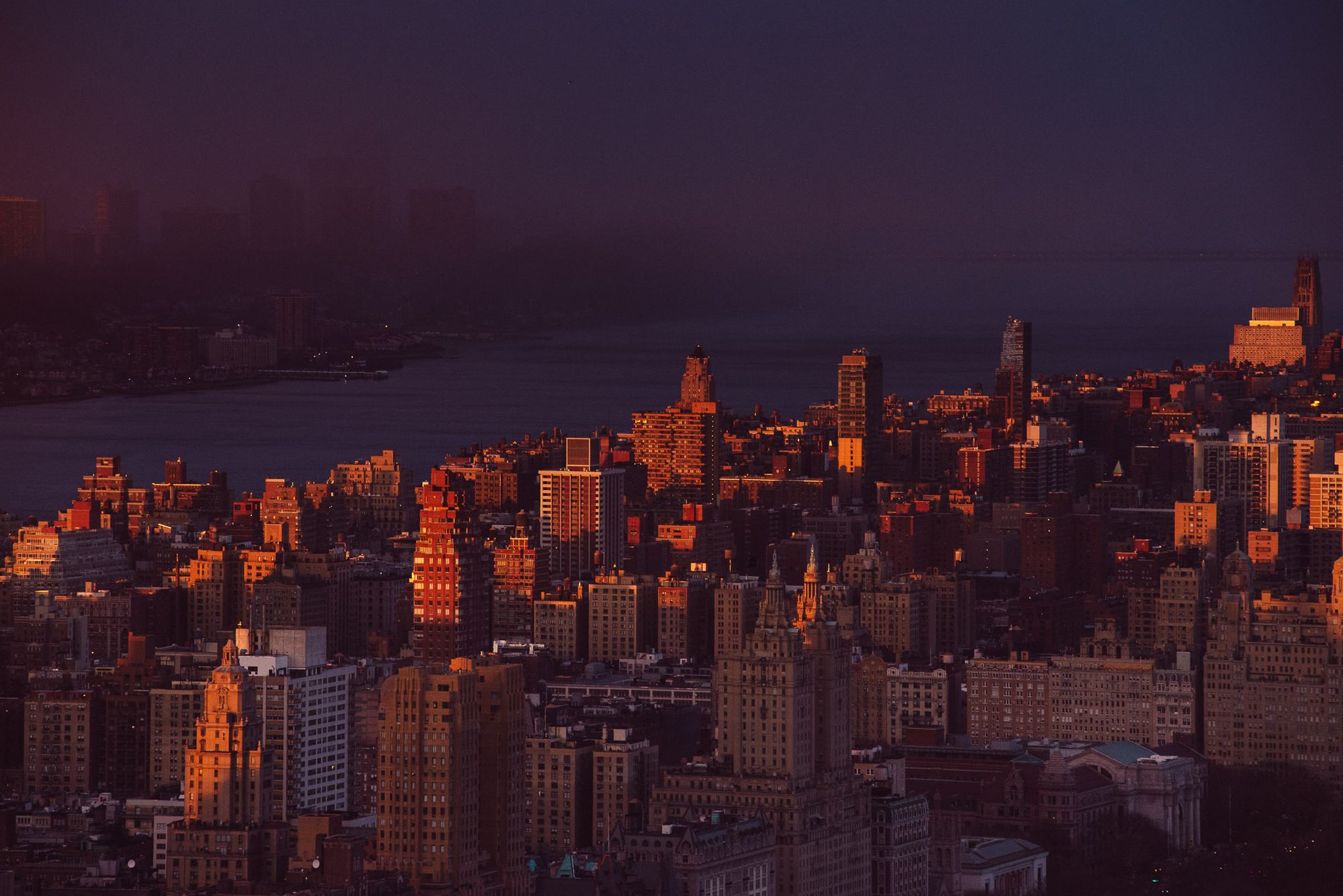 A view over the upper west side of Manhattan at sunset.