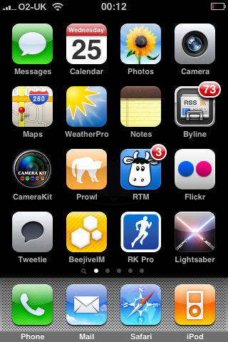iPhone Homescreen in 2008 showing Tweetie. A 3rd party Twitter client that was later bought by Twitter and turned into the official Twitter client.