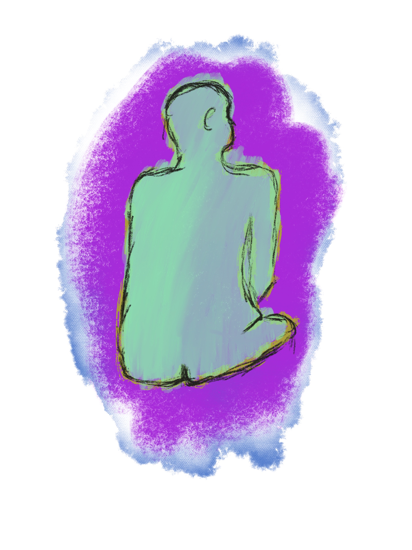 Sketch of a male form. They are green on a purple background with their back to the artist.